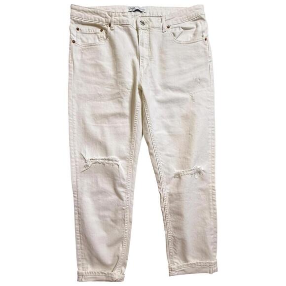 Zara Denim - Zara White Distressed Denim Jeans Size 10 (EUR 42) Ripped Knees Casual